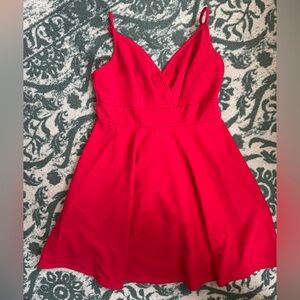 🌟3/$20 Eligible - SHEIN Red V-Neck Fit-and-Flare Mini Dress with Zip
